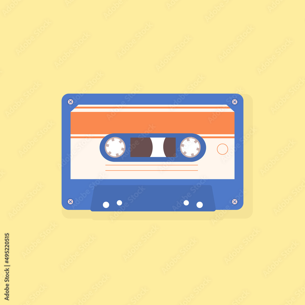 Blue vintage plastic audio cassettes tape vector illustration. Old technology, realistic retro design.