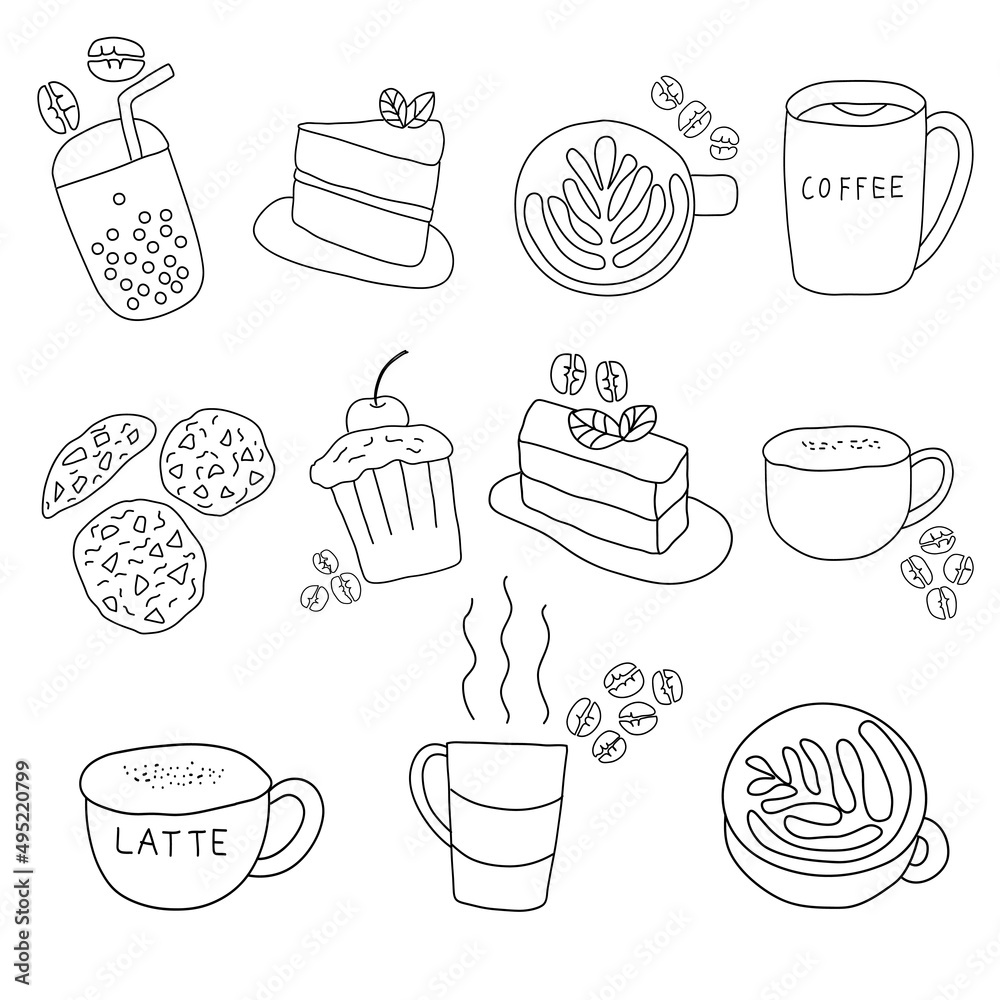 Hand drawn coffee and dessert food set on white background. Vector illustration in doodle art style