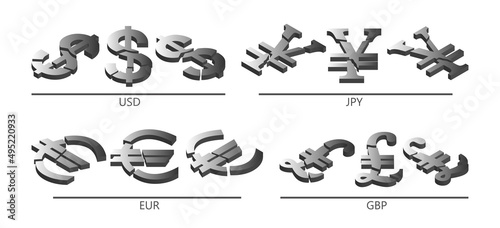 3D set of broken apart symbols of world currencies on a white isolated background. Gray volumetric American dollar  British pound  European Union euro and Japanese yen