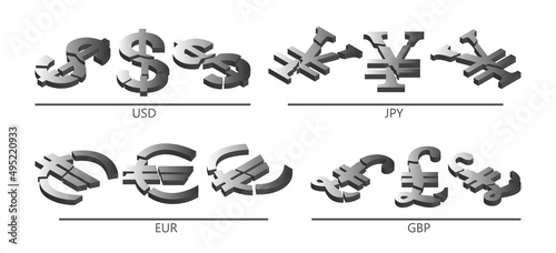 3D set of broken apart symbols of world currencies on a white isolated background. Gray volumetric American dollar, British pound, European Union euro and Japanese yen