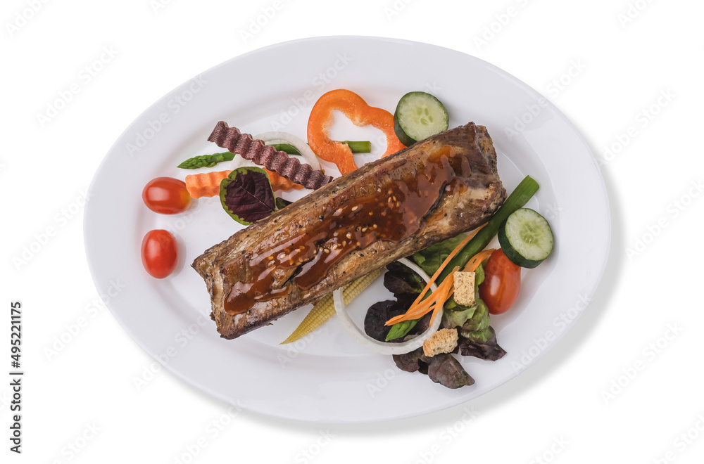 Top view Pork spare ribs with organic salad on white plate isolated on white background, clipping path, studio shot Top view Pork spare ribs with organic salad on white plate isolated on white background, clipping path, studio shot