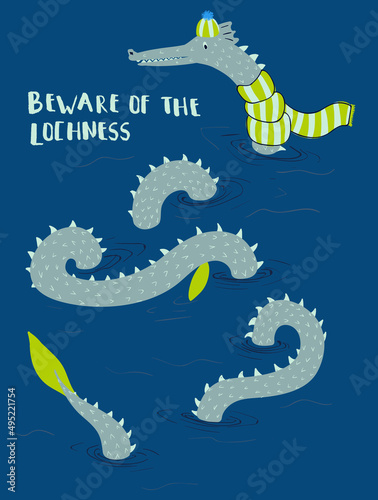 Vector illustration of cute Loch Ness monster. Can be used for baby t-shirt print, fashion print design, kids wear, baby shower, celebration, greeting and invitation card.