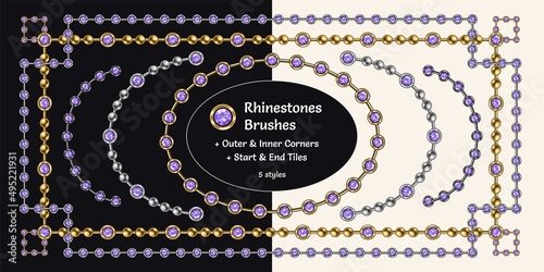 Pattern brushes with violet amethyst rhinestones and metal beads. Chain brushes with corners, end and start tiles. Gold and silver version. Isolated on white and black background.