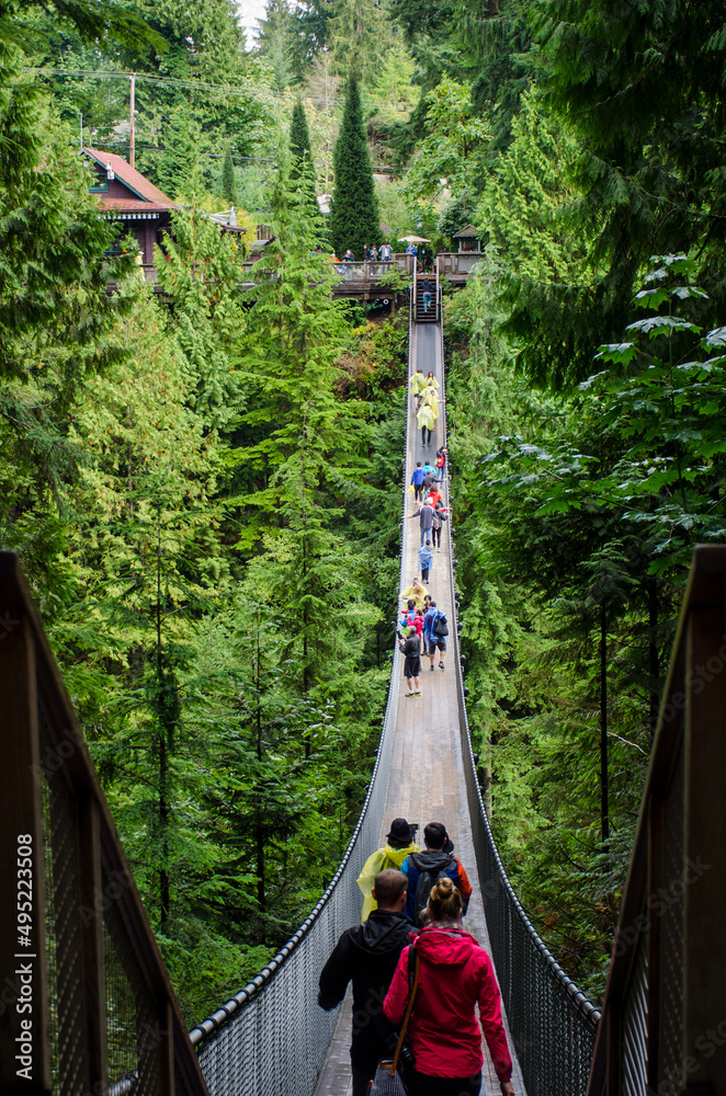 Fototapeta premium Capilano suspension bridge on a crowded day in Vancouver, BC, Canada. Suspension bridge in between lush green trees with many tourists walking and taking pictures in it.