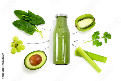 Detox cleanse drink concept, green vegetable smoothie ingredients. Natural, organic healthy juice in bottle for weight loss diet or fasting day. Cucumber, apple, lime and spinach mix isolated on white
