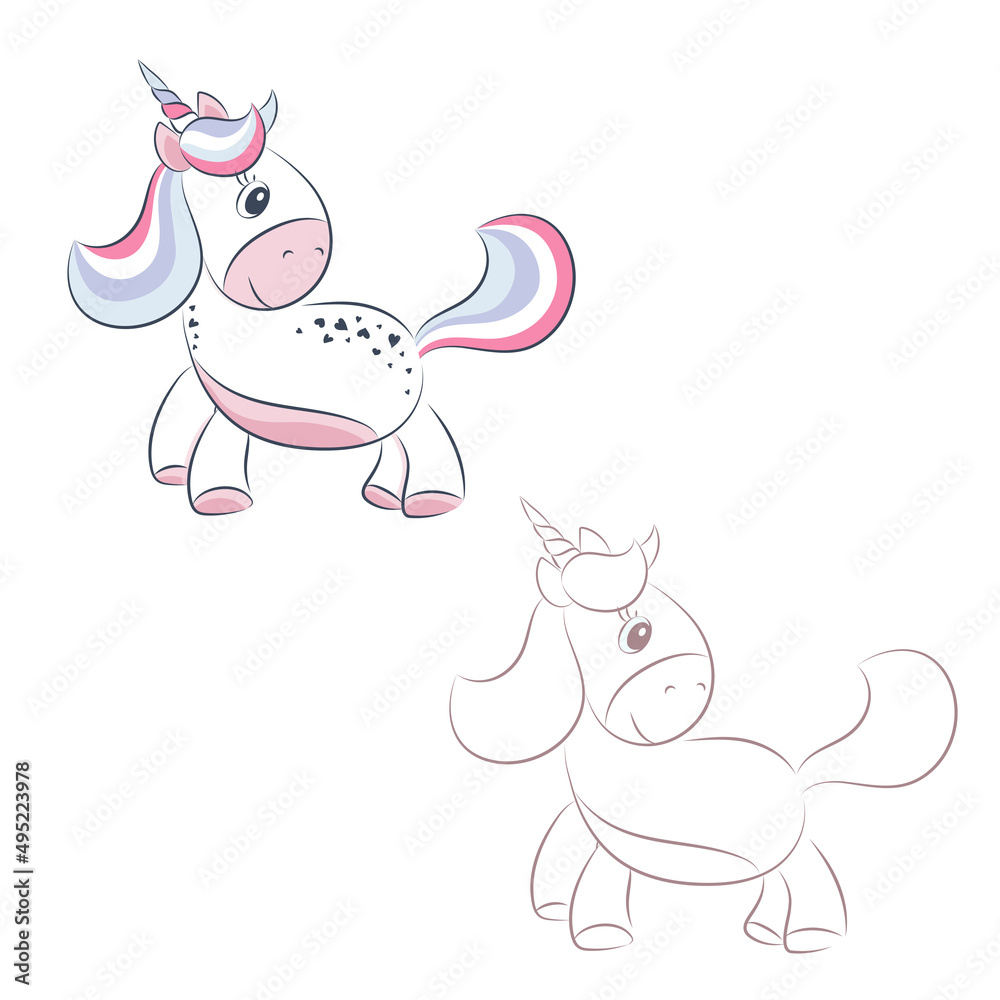 Cute cartoon unicorns. Black and white and colored vector for coloring book, unicorn print and poster