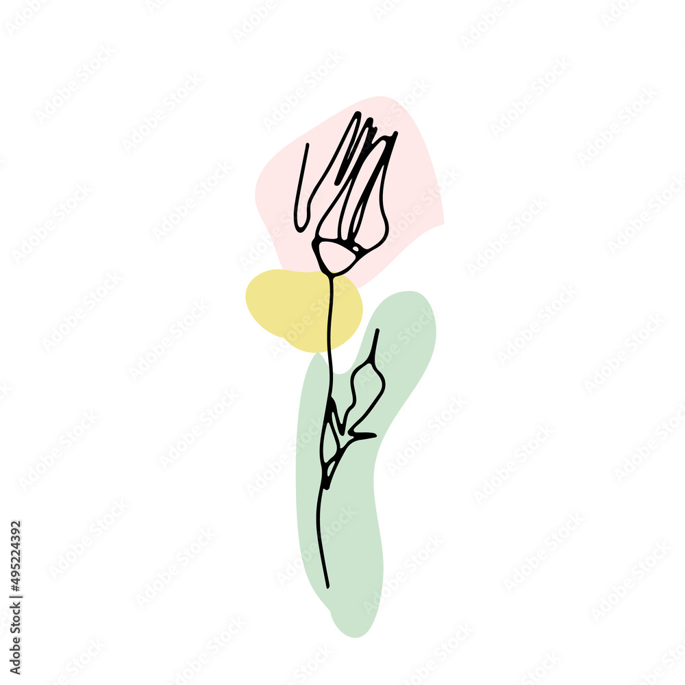 One line drawing rose. Hand drawn single line flower with neutral abstract shapes background