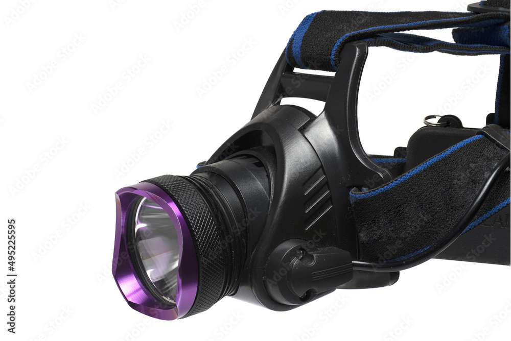 Closeup professional head lamp searchlight white background Closeup professional head lamp searchlight white background