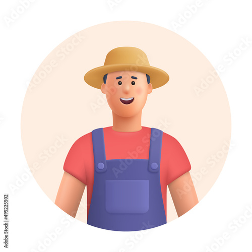 Young smiling man farmer. Agricultural worker. Gardening, farming, professional occupation concept. 3d vector people character illustration.Cartoon minimal style.