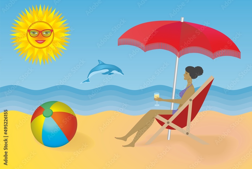 Woman relaxing by the sea a sunny and happy day. Vector illustration.