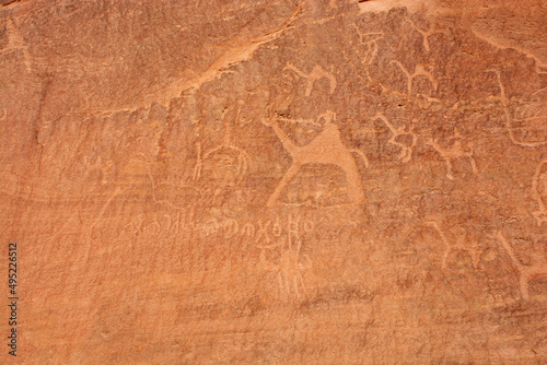 Ancient drawings in the Wadi Rum Desert, Jordan. rock painting