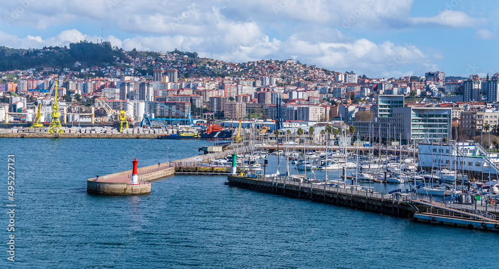 A view from the cruise terminal towards the marina and port in Vigo, Spain on a spring day