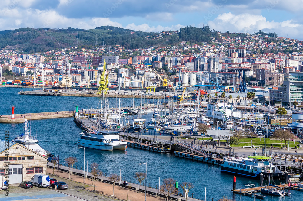 A view from the cruise terminal over the marina in Vigo, Spain on a spring day