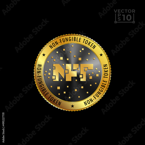 Vector gold coin with NFT logo engraving. Virtual golden coin design for non-fungible token and cryptocurrency exchange or crypto art.