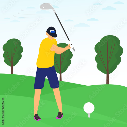 golfer swings a golf club on the green grass. Vector cartoon illustration of a golfer in motion