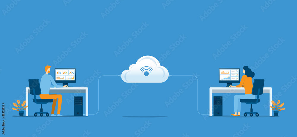 Obraz premium business technology cloud computing storage server service connect concept with administrator and developer team working concept