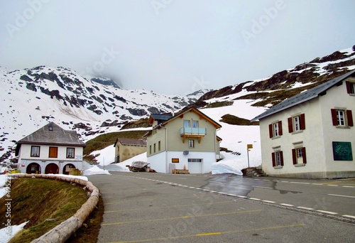 Car parking at Swiss pass, road view in Alps 