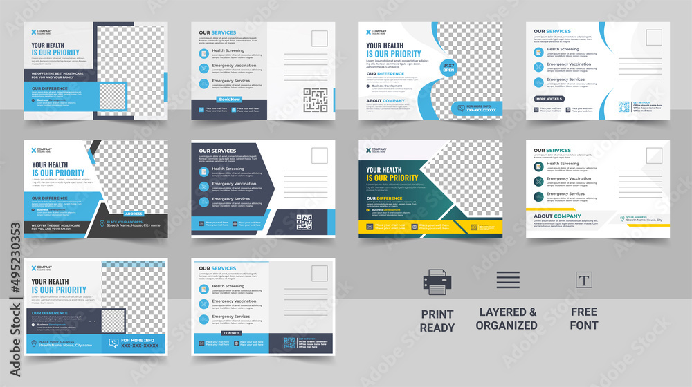 Minimal and creative medical postcard template design, vector medical postcard layout bundle