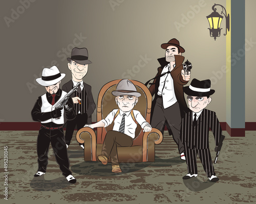 Mafia sitting on brown vintage sofa. wear hat and hold gun. vector illustration isolated cartoon hand drawn background