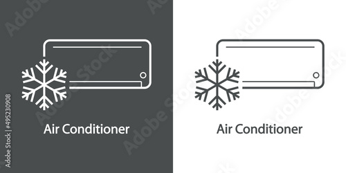 Reparación y servicio de aire acondicionado. Logo con texto Air Conditioner con aparato y copo de nieve con líneas en fondo gris y fondo blanco
