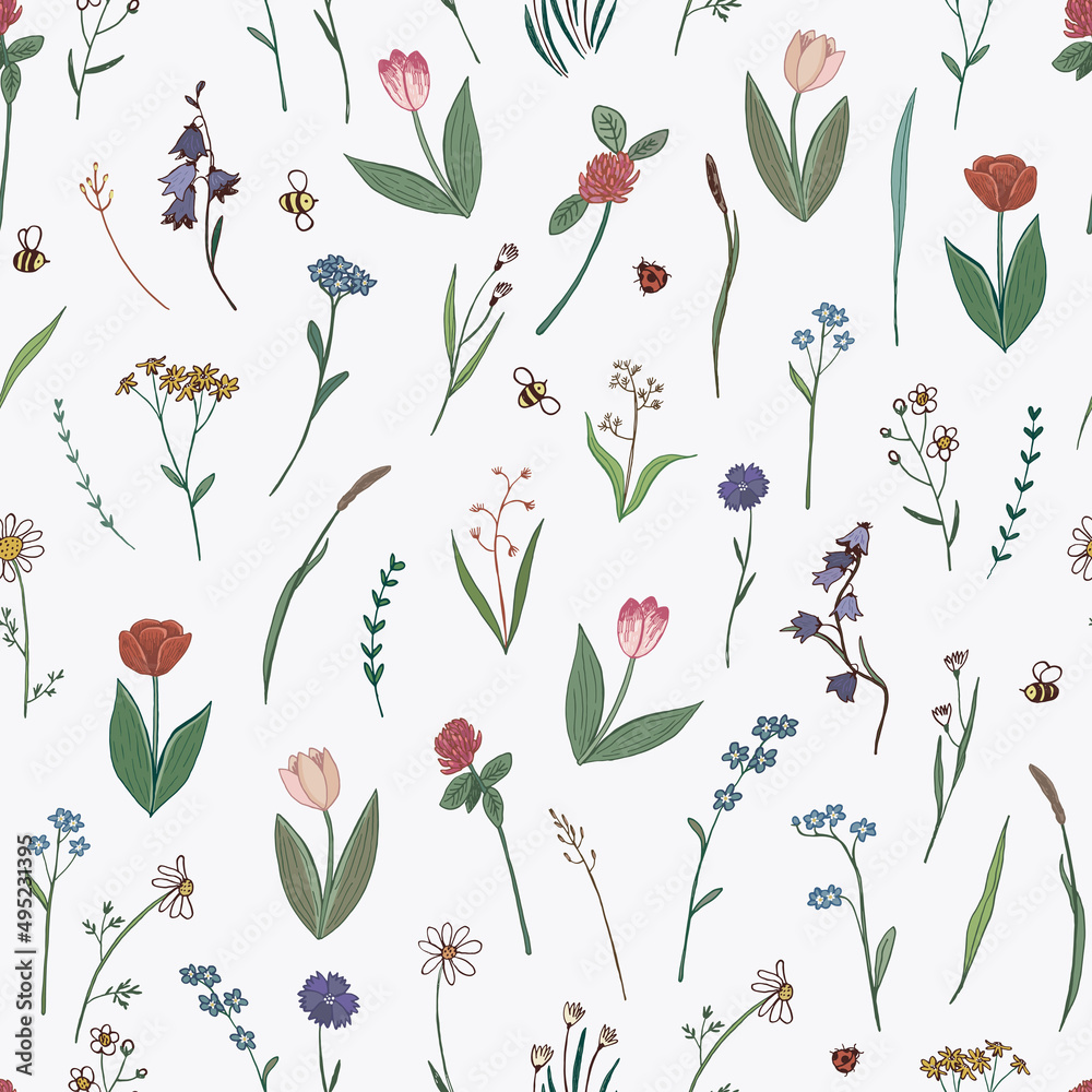 Field simple flowers line graphic vector seamless pattern