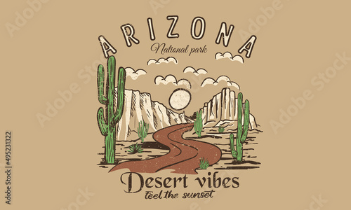Arizona road trip vintage graphic print design for t shirt. Cactus wild with mountain artwork design.
