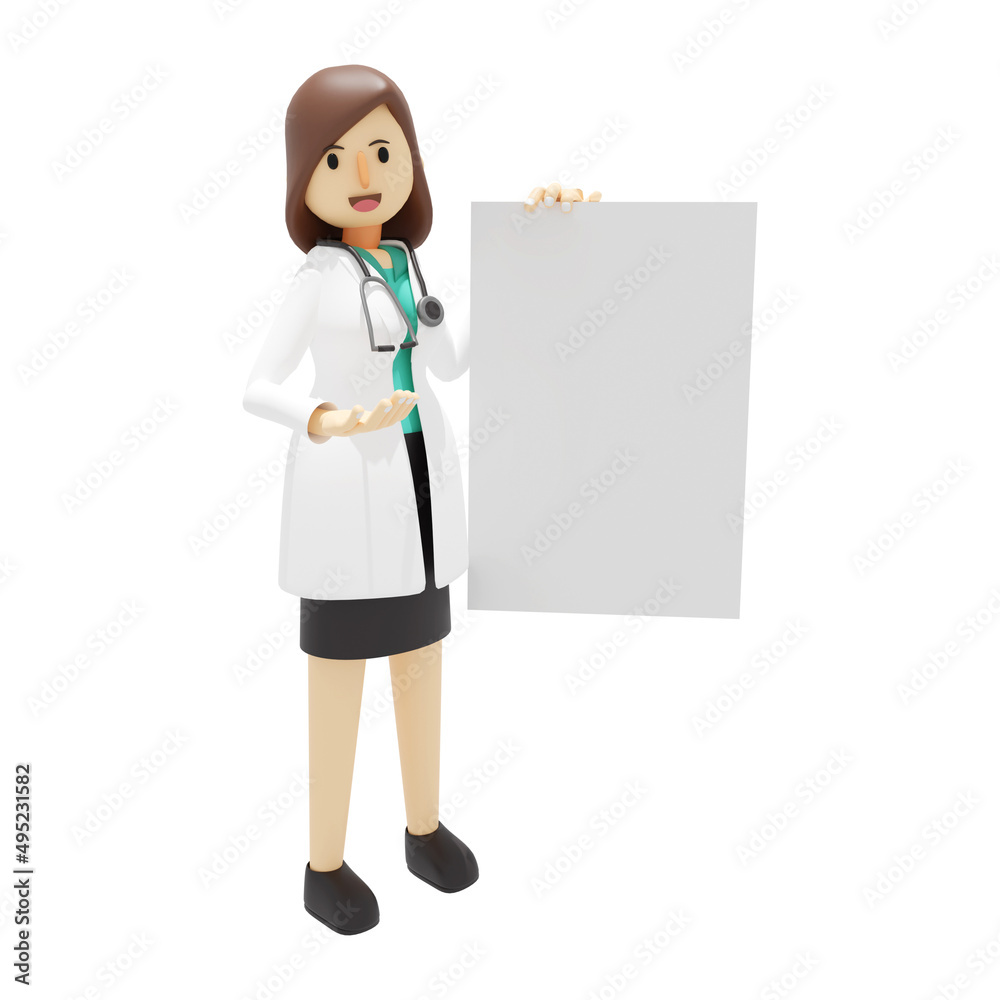 Cartoon character 3d illustration of a female doctor is holding a blank sign.medical hospital clinic illustration concept.Isolated on white Cartoon character 3d illustration of a female doctor is holding a blank sign.medical hospital clinic illustration concept.Isolated on white