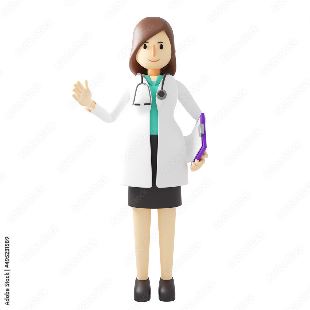 Cartoon character 3d illustration of a smile happy female doctor holding is giving recommendation.medical hospital clinic illustration concept. Isolated on white Cartoon character 3d illustration of a smile happy female doctor holding is giving recommendation.medical hospital clinic illustration concept. Isolated on white