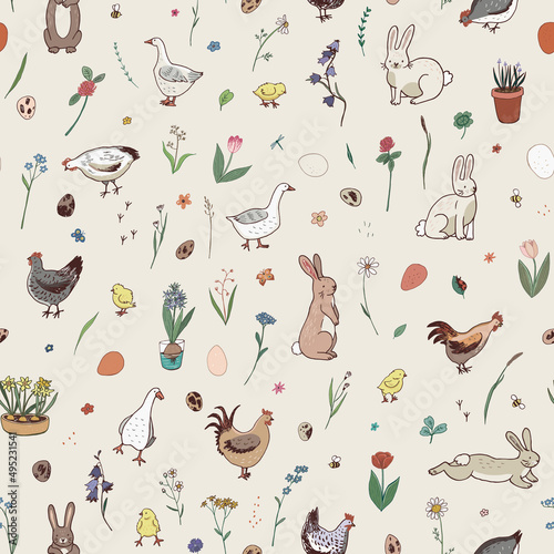 Easter rabbits, eggs, chickens, chicks, flowers, geese seamless pattern