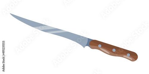 Kitchen sharp knife with wooden handle. Vector image.