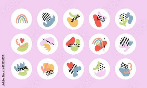 Big set of highlight covers organic shapes compositions. Abstract backgrounds with various hand drawn organic shapes, lines, spots, dots, doodle objects, round icons templates for social media stories