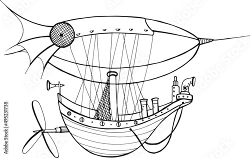 Steampunk Airship or Dirigible Vintage Hand Drawn Illustration