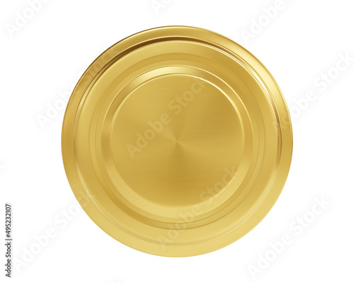 Realistic golden jar lid mockup top view isolated on white background. 3d render metal bottle cap. Aluminum or tin round container cover. Coin or medal mock up.