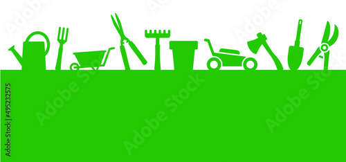 Cartoon gardening pattern. Garden tools icon or pictogram. Garden maintenance logo. Rake, lawnmower, shovel, pruning knife, secateurs, watering can, wheelbarrow and ax. Gardener, green garden banner.