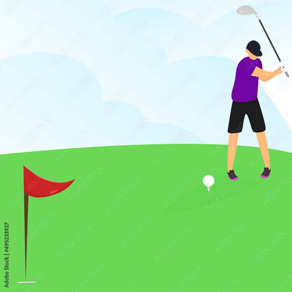 man swings a golf club on a golf course and aims at the hole. Vector cartoon illustration in flat style