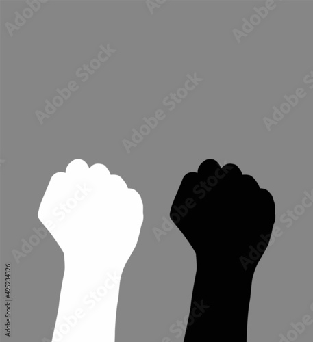 Silhouettes of black and white raised fists on gray background. Anti-racism, human rights, feminism, equality concept. Black lives matter movement. Vector illustration