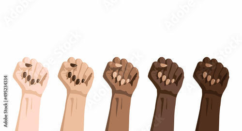 Set of hands raised with clenched fists on white background. Symbol of protest and revolution. Human rights, feminism, equality concept. People of color. Black lives matter movement. Vector 