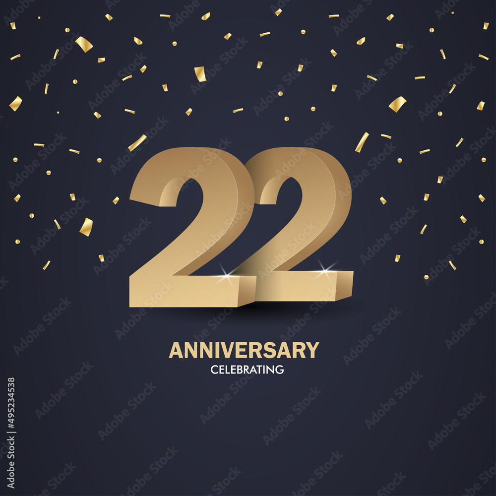 Anniversary 22. gold 3d numbers. Poster template for Celebrating anniversary event party. Vector illustration - Vector
