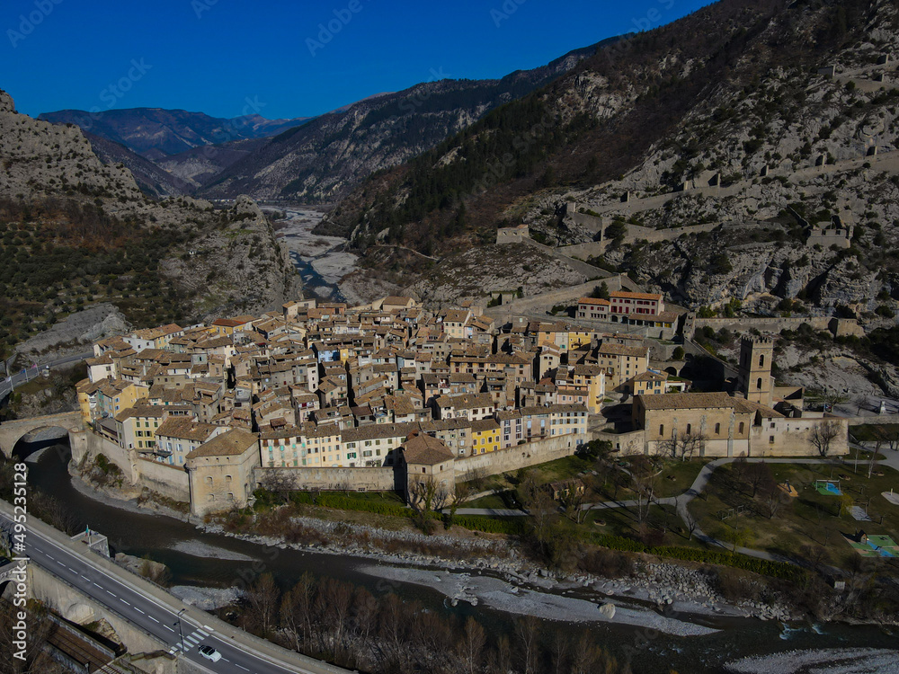 Aerial fly over above the citadel of Entrevaux