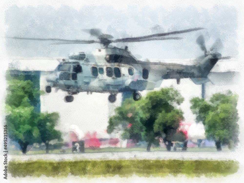 Fototapeta premium Airplanes displayed at the air show watercolor style illustration impressionist painting.