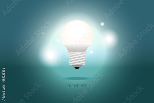 Glowing Light Bulb in Dark Green Background. Conceptual vector art about creativity, inspiration or answer. Suitable for business, working, education solutions.