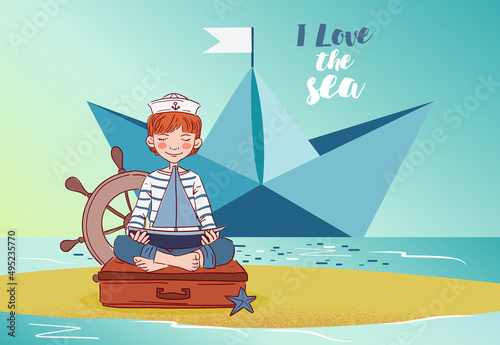 Cute boy sitting on a suitcase and playing with toy sailing boat. Travel vector concept 