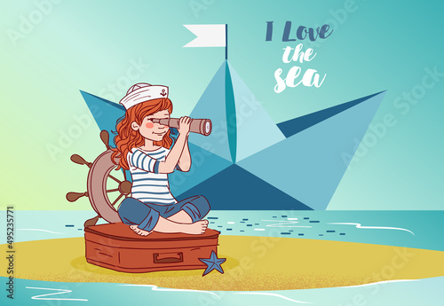 Cute girl sitting on a suitcase and looking in spyglass. Travel and adventure concept
