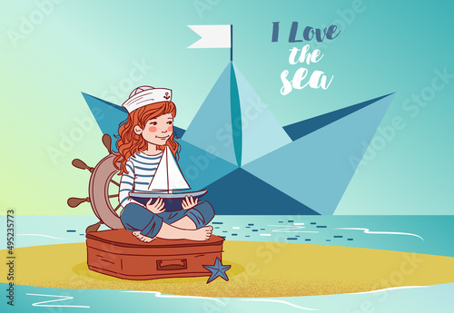 Cute girl sitting on a suitcase and playing with toy sailing boat. Travel vector concept 