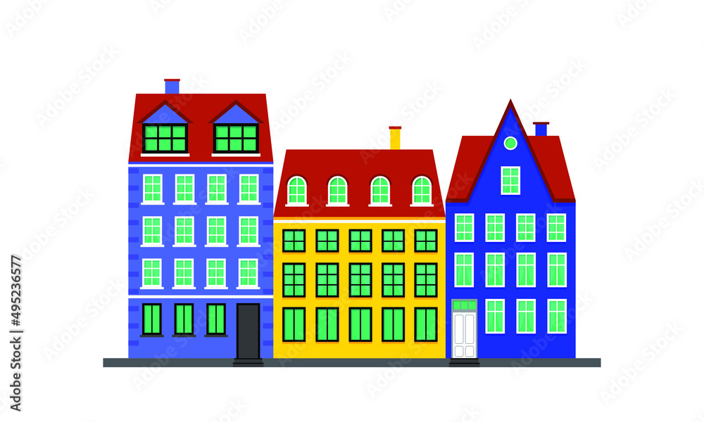 City life. Colorful houses in the Scandinavian style. Landscape with building facades. Vector illustration isolated on white background