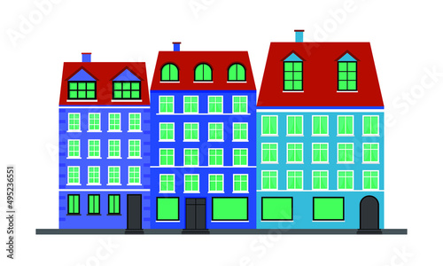 City life. Blue houses in the Scandinavian style. Landscape with building facades. Vector illustration isolated on white background