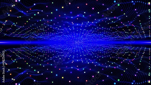 Colorful Technology Wave Rhytmic Tunnel Background. Colorful audio reacting particles. Audio beat react sound equalizer. Pulsing flickering background. audio reactive. For event, concert, stage. VJ s.