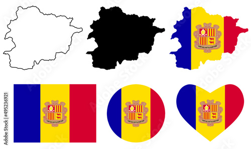 Principality of Andorra map flag icon set isolated on white background photo