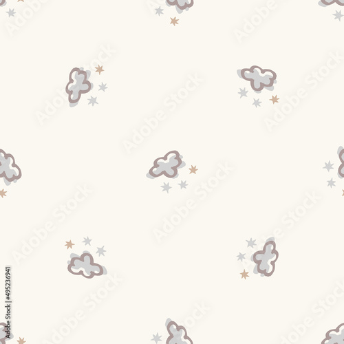Calm newborn minimal cloud seamless pattern. Gender neutral baby nursery decor background. Scandi style sketch wallpaper background tile or toddler inclusive apparel fashion.