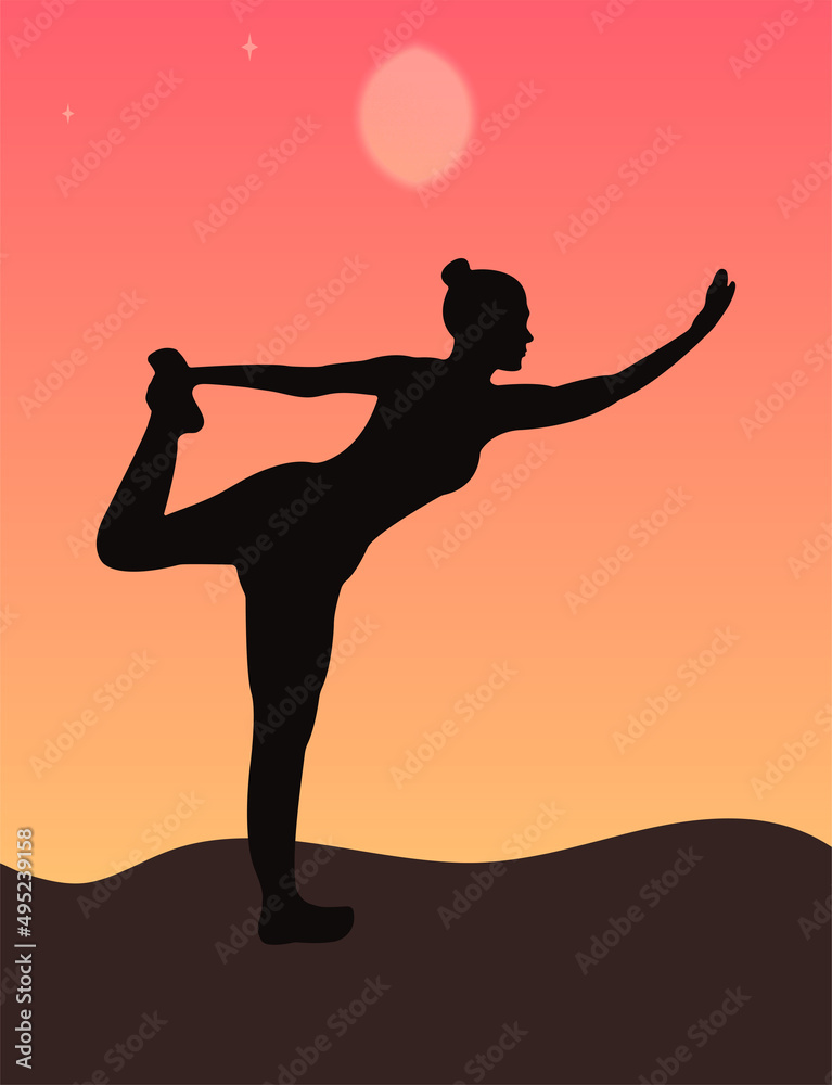 A silhouette of a woman standing in dancer yoga position, meditating against sunrise sky. Flat vector illustration